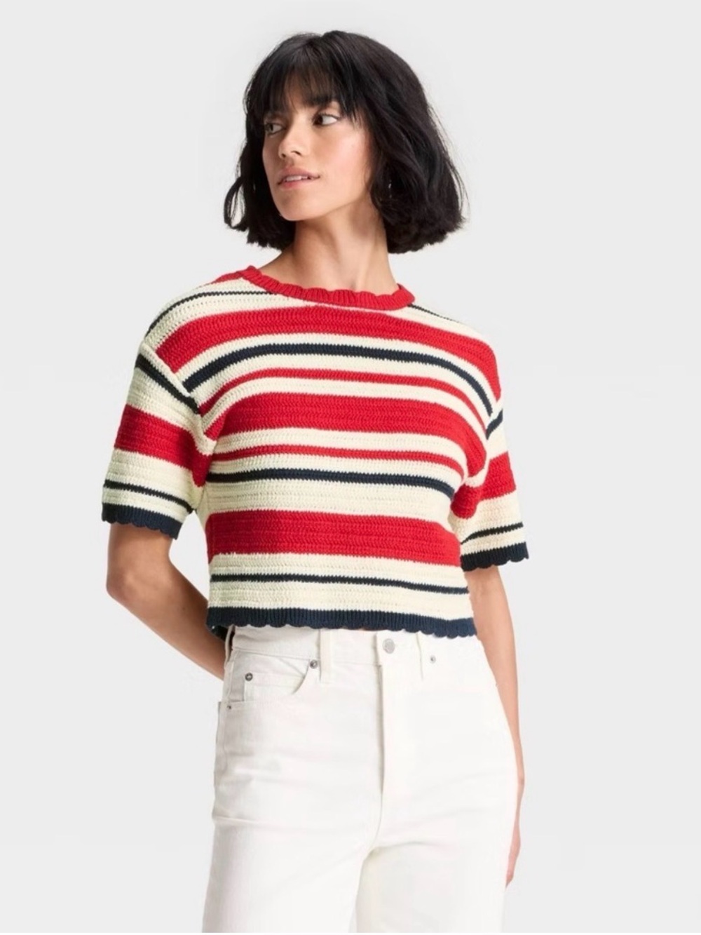 Universal Thread Americana Striped Knit Scallop Edge Sweater Top Sz XL